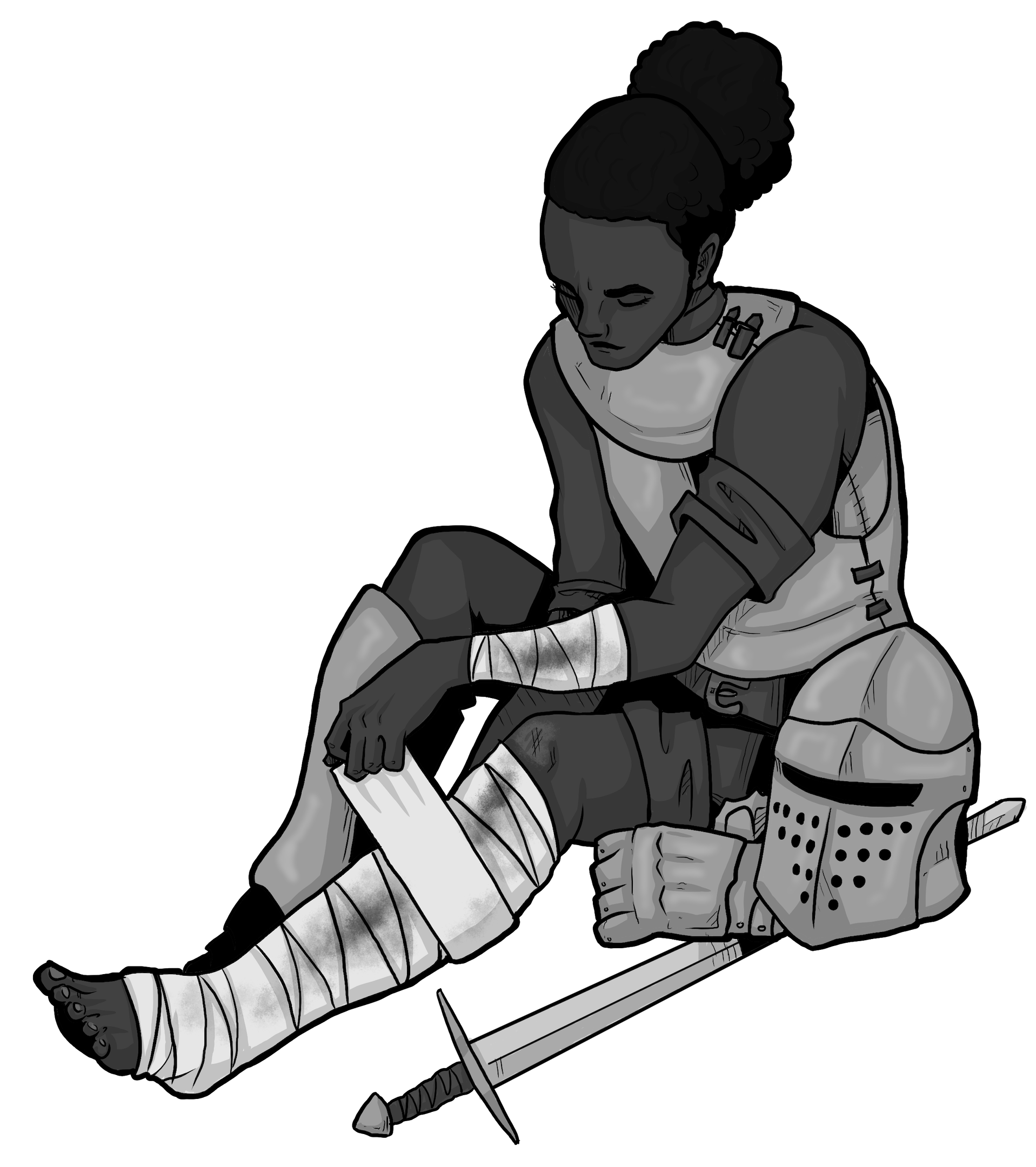 A black woman in armour, fixing the bandage on her wounded leg. Her helmet, gauntlets, and sword lie on the ground beside her.